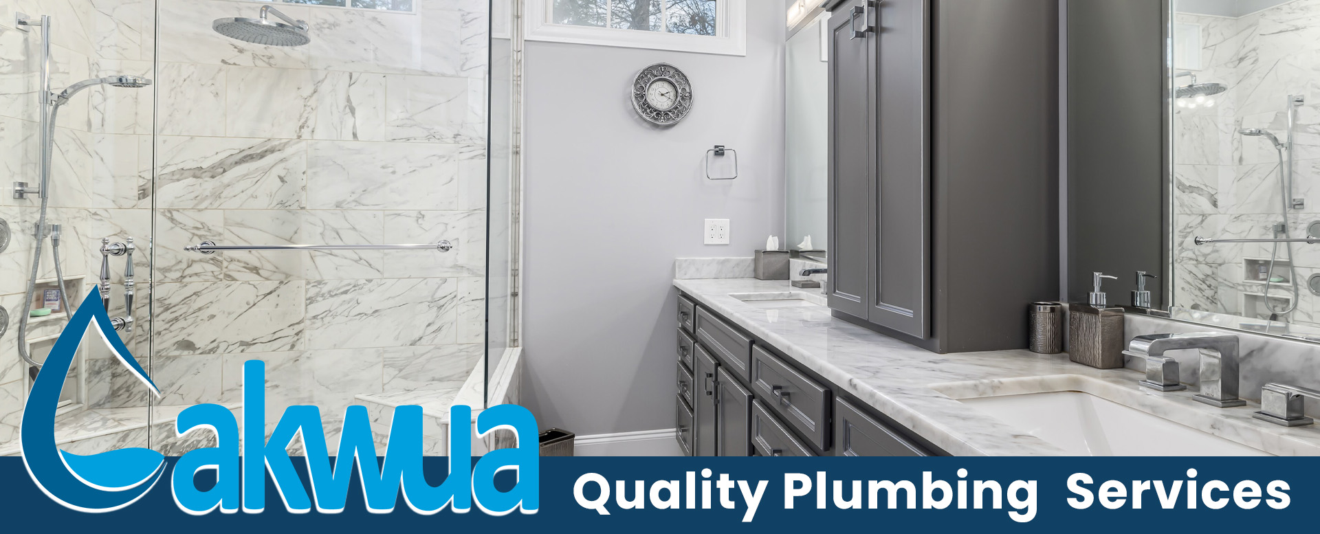 Image showing an elegant faucet with clear running water, and the logo of Akwua and the words Quality Plumbing Services